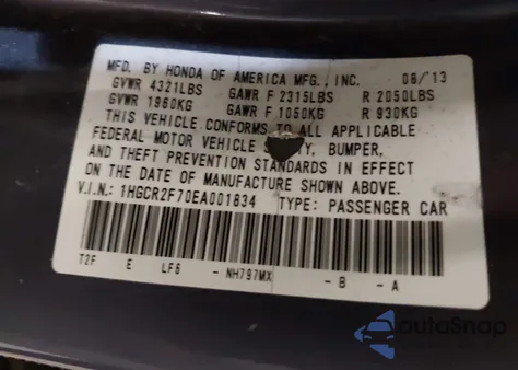 2014 Honda Accord Ex z USA, uszkodzony, nr VIN 1HGCR2F70EA001834